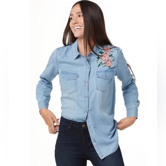 Haute Hippie | Medium Chambray "Lucia" Floral Embroidered Collared Button Down - Picture 1 of 9